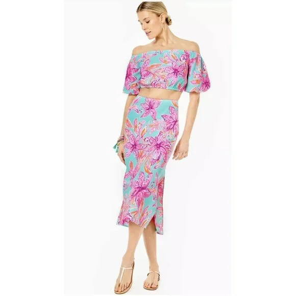 NWT Lilly Pulitzer Esmeray Midi 2PC Set Puff Sleeve Surf Blue Bonita Blooms Sz L - Picture 4 of 16